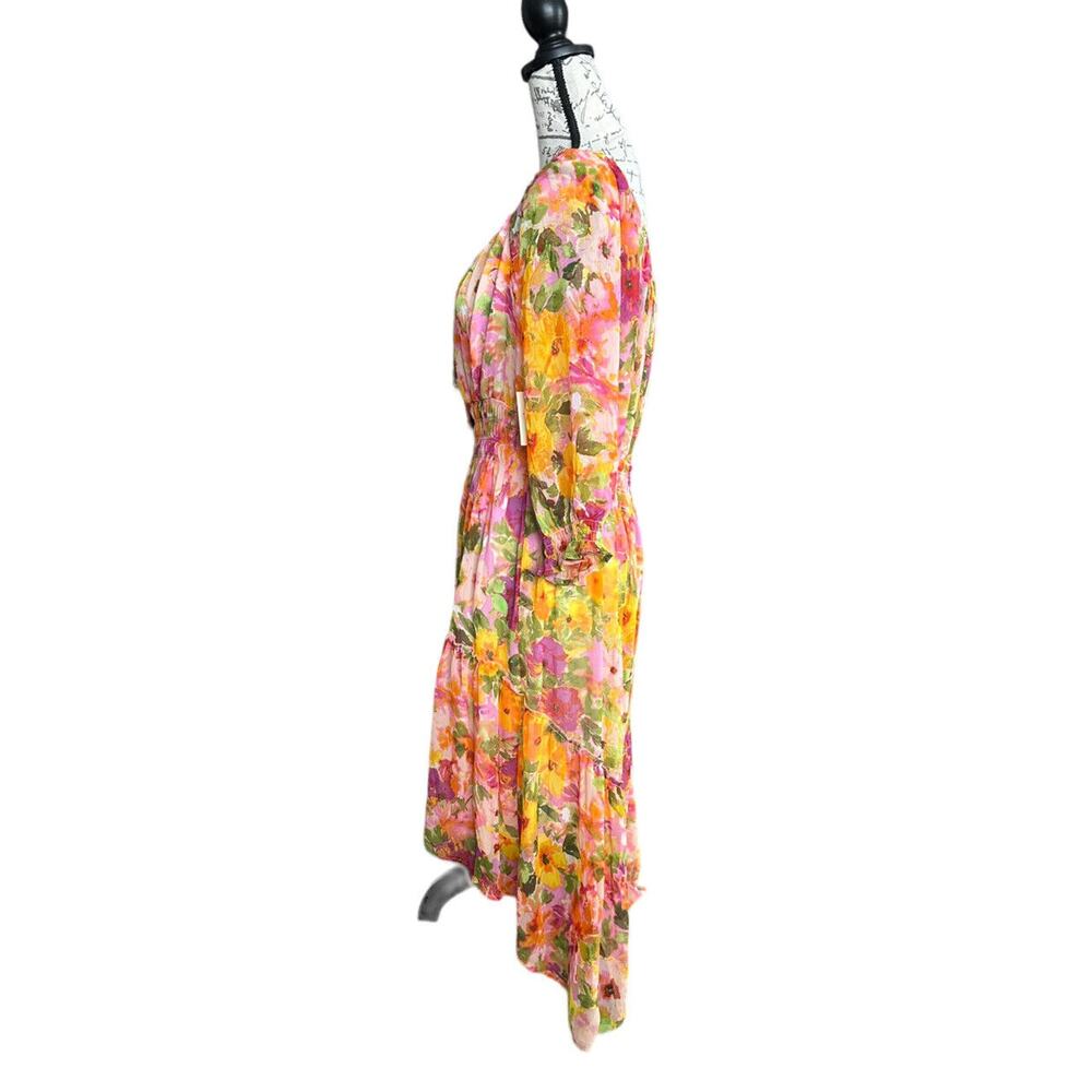 New Anthropologie Fig & Flower Floral Boho Hi Lo Chiffon LS Dress Lined Large - Picture 4 of 9